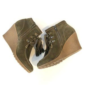 MIA Brisk Olive Green Leather Suede Wedges